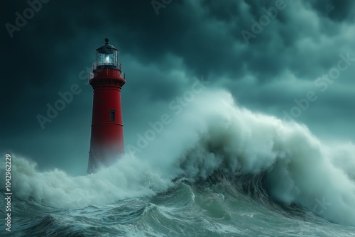 A lighthouse stands tall as massive waves crash around it under a stormy sky