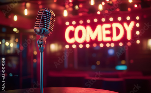 The retro microphone is placed on the stage of a comedy club with a glowing neon sign "COMEDY" in the background