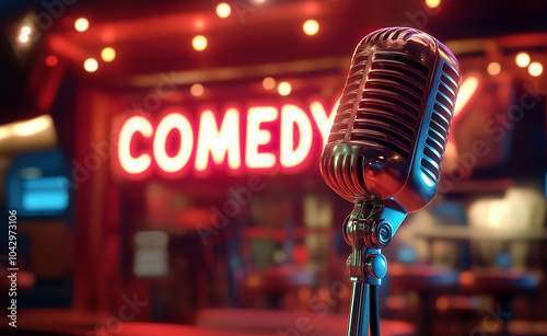 The retro microphone is placed on the stage of a comedy club with a glowing neon sign "COMEDY" in the background