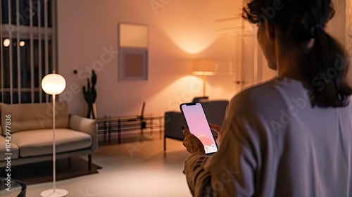 Hand holding smartphone controlling smart home lighting system in a modern kitchen. Interior scene featuring smart home technology with warm ambient lighting.