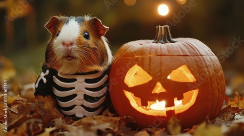 A guinea pig dressed in a skeleton costume sits inside a carved pumpkin with warm candlelight illuminating its surroundings in an autumn scene