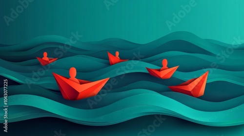 corporate metaphor artwork, women empowerment theme, angular red paper boat, abstract ocean waves in deep teal, collective leadership visual, simplified human forms, clean vector style, subtle