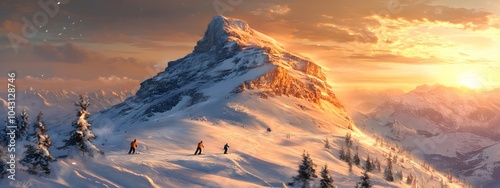 A cinematic photograph of the majestic, snow-covered Dolomites in Italy, with skiers gracefully gliding down its slopes as the sun sets behind them