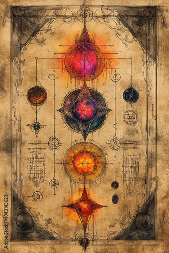 Exploring the mystical symbols and energies of an enigmatic alchemical chart featuring radiant geometric designs and celestial bodies