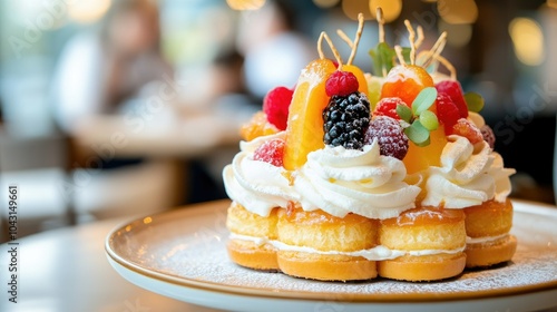 Delightful close-up of a saint-honoré cake adorned with fresh fruits and cream