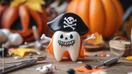 A playful tooth figurine in a mini pirate costume, surrounded by Halloween props and professional dental tools on a festive background.