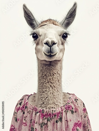 Female llama in a casual sundress on a white background.