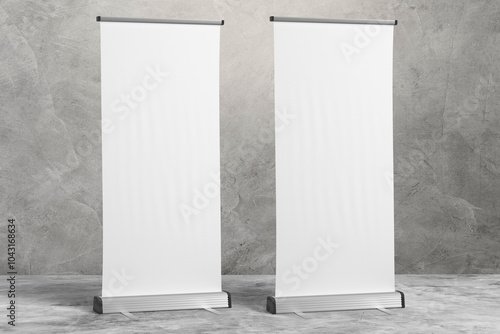 2 Blank mockup of Retractable Roller Banner Pop up. Trade show Exhibition. For Marketing and Promotional Presentation Templates. Grung background