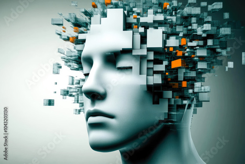 Floating cubes evolve above a stylized human head, portraying abstract concepts of growth, change, and human complexity.