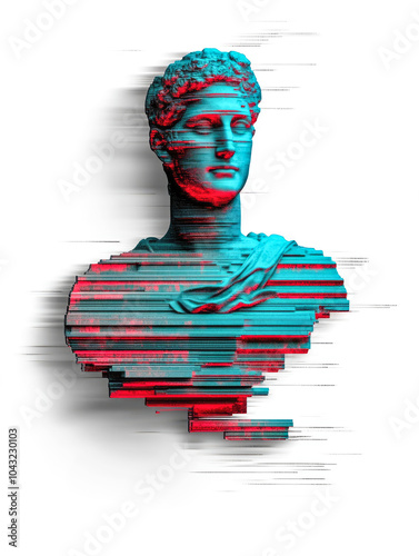 A classical bust with glitch effects merging red and blue, creating a modern digital art look that captivates the viewer.