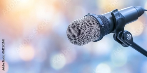 Close-up of a professional microphone on a stand with a blurred background. Perfect for music, broadcasting, and recording themes.