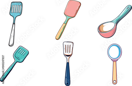 Colorful Kitchen Utensils Displayed on a White Background From a 1953 Set Collection