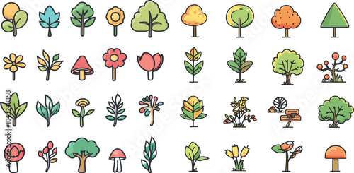 Colorful Illustrations of Various Trees and Plants From 1981 Showcasing Nature's Diversity