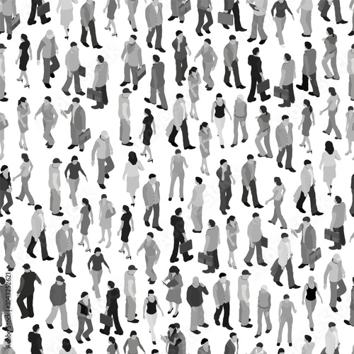 Vector isolated people silhouettes set. Crowd of people walking, standing, talking. Cartoon men and women performing outdoor activities. Isometric view. Flat gray vector illustration. Seamless texture