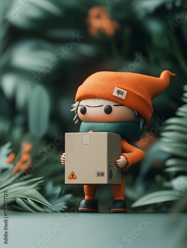 Charming animated toy figure with an elf like persona grasping a plain cardboard box showcasing expressive gestural movement in a warm earthy tone setting