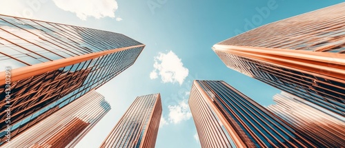 Low-angle view of modern skyscrapers against a blue sky, reflecting sunlight, symbolizing urban growth and architectural innovation.