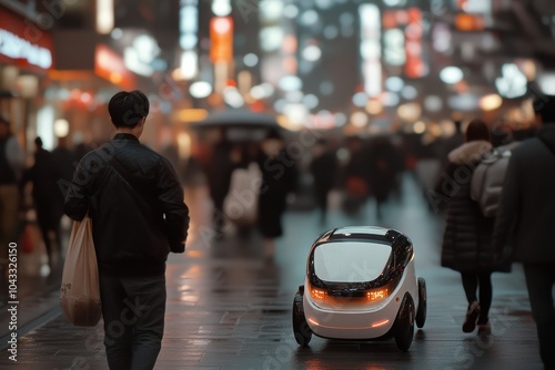 A compact robot rolls alongside a person carrying a bag in a well-lit urban environment, showcasing companionship and technology's role in daily life.