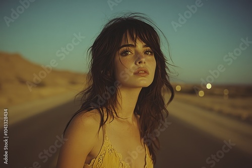 A young woman standing on a deserted road at night, looking off into the distance, the scene suggesting a sense of aimlessness and uncertainty.