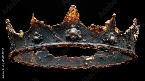 A weathered, tarnished gold crown with a chipped section, isolated on a black background.