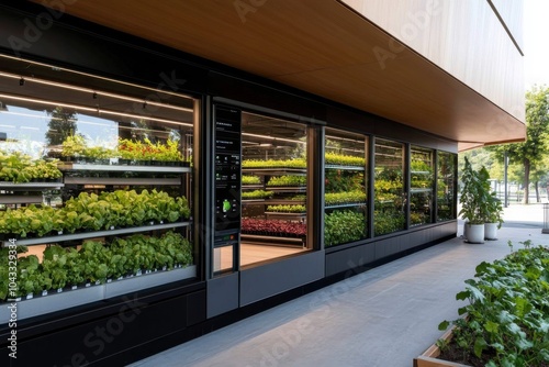 A contemporary greenhouse featuring an automated hydroponic system growing vibrant leafy greens, showcasing modern agricultural technology and sustainable practices.