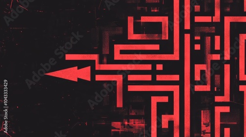 Red Arrow Through the Maze: A bold red arrow breaks through a labyrinth of black lines, symbolizing the determination and willpower to overcome obstacles and achieve success. The gritty.