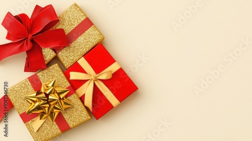 Colorful gift boxes wrapped in red and gold with festive bows, perfect for holiday celebrations and special occasions.