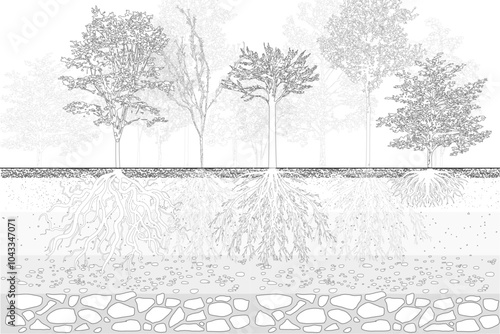 forest section, soil layer landscape drawing pattern. texture interior background line art. set of graphics elements drawing for architecture and landscape design. cad pattern