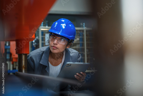 Indian woman engineer with a blue helmet holding a tablet, doing factory working machine inspection, checking productivity and accuracy, close up shot.