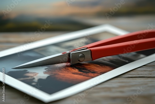 A close-up shot of scissors slicing through a photograph, symbolizing the deliberate erasure of undesirable images and memories.