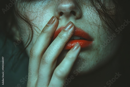 A close-up of a person’s hand covering their own mouth, signifying the internalization of censorship and self-restraint that comes from societal pressures.