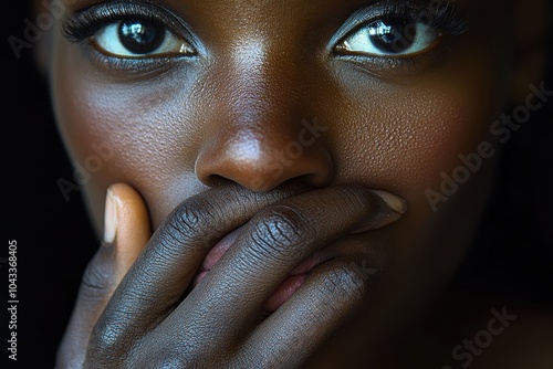 A close-up of a person’s hand covering their own mouth, signifying the internalization of censorship and self-restraint that comes from societal pressures.