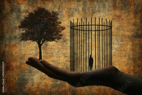 A hand morphing into bars, forming a cage around a central figure, symbolizing the confinement of thought and the limitations imposed on creativity.