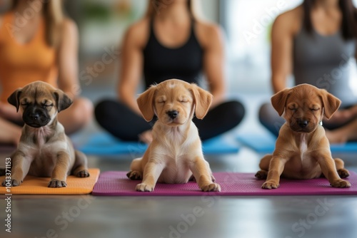 adorable puppies sitting on yoga mats with women meditating on the background, yoga with animals 