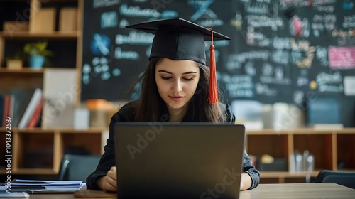 Student in a graduation cap concentrating on online learning, using a laptop at a desk with educational materials