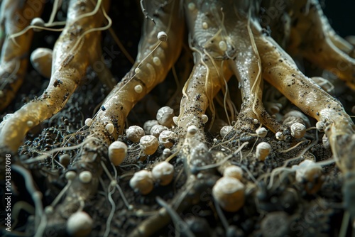 Rhizobia: A close-up view of Rhizobia bacteria forming nodules on plant roots, demonstrating nitrogen fixation in leguminous plants