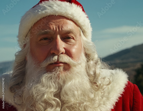 Un classico Babbo Natale con il suo sguardo sereno e la barba bianca morbida.