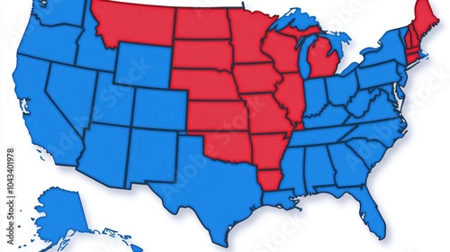 United States map with a textured 3D effect, colored in contrasting red and blue, emphasizing the nations bipartisan landscape and electoral geography