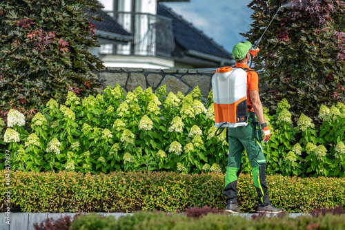 Landscape Technician Applying Pesticide in a Garden Surrounded by Hydrangeas on a Sunny Day