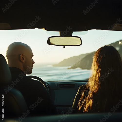 A male driver with a bald head drove a female novelist with long hair on the beautiful coast of California