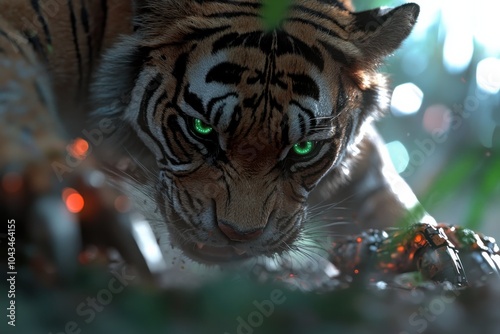 A stunning image of a cybernetic tiger's face with vivid green eyes, described as remarkably intent and observant, against a blurred, high-tech backdrop.