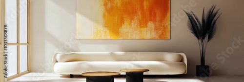 Un salon minimaliste avec une peinture abstraite au mur, dans des tons audacieux orange et beige, avec canapé blanc, complété par deux petites table basse rondes dans des teintes brunes.