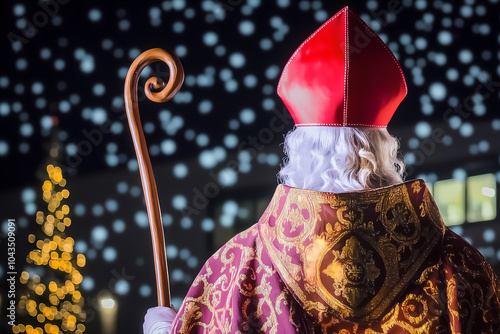 Vue arrière de Saint Nicolas avec crosse dorée dans une ambiance festive