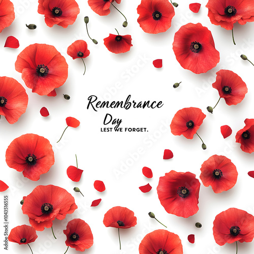 Remembrance day Lest we forget poster. Poppy flowers on white background. banner for veterans day memorial day. Symbol of Memorial Day Armistice day and Anzac Day for greeting card poster