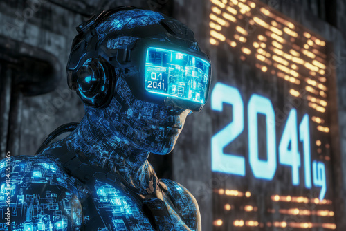 Futuristic humanoid robot with virtual reality headset in a high-tech setting, year 2041 displayed in the background