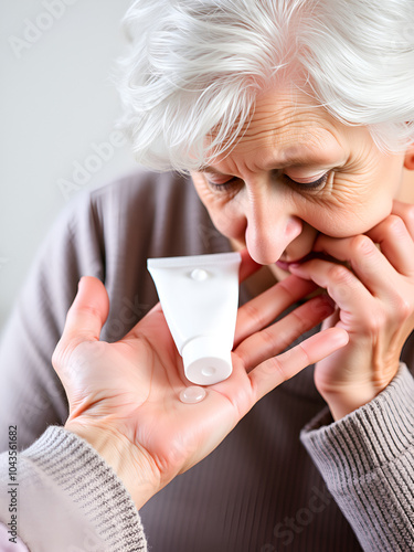 Elderly woman applying moisturizing lotion cream on hand palm, easing aches. Senior old lady experiencing severe arthritis rheumatics pains, massaging, warming up arm. Close up, copy space, background