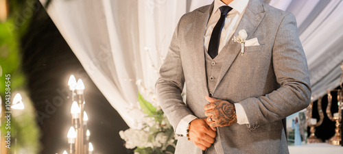 Plano medio de hombre con traje de novio en postura de elegancia y seriedad.