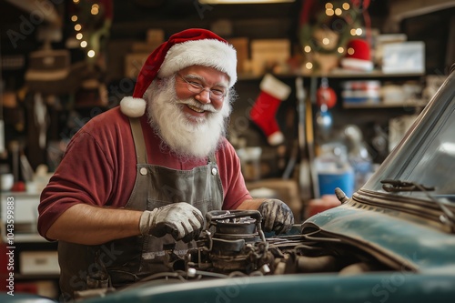 Santa Claus wearing a Santa hat and mechanic overalls is working under the hood of a classic car in his workshop