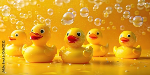 Rubber duckies floating in bubbles on yellow background