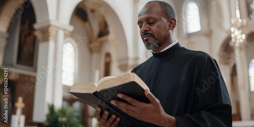 A Priest reading the holy bible standing in church during a sermon