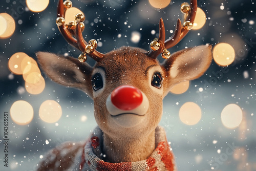 Christmas reindeer with bright, expressive eyes and vibrant red nose. Jingle bells around its antlers and a cozy scarf